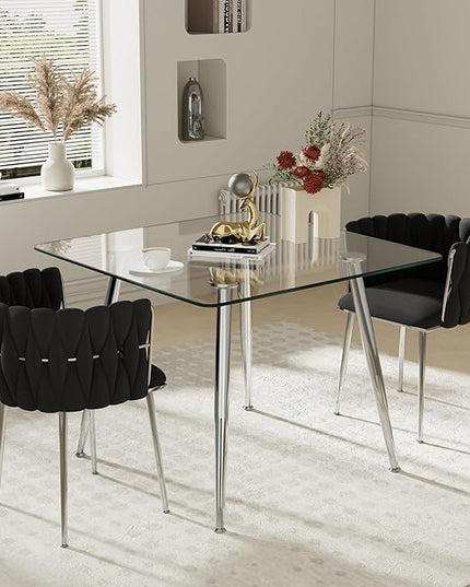 3 Piece Modern Glass Dining Room Set, 36'' Luxury Minimalist Dinner Room Set for 2, 2 Person Clear Glass Square Kitchen Table with Black Woven Chair, for Living Room Small Place (Silver)