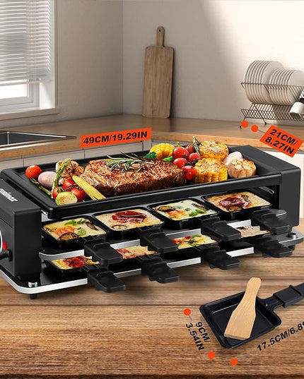 CUSIMAX Raclette Grill Korean BBQ Grill, Portable Raclette Table Grill Electric Grill with Non-stick Plate, Adjustable Temperature Control, Indoor Grill with Cool Touch Handles, 8 Cheese Trays for Fun
