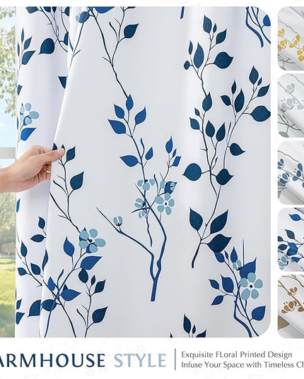 Beauoop Floral 100% Blackout Curtains 63 Inch Length 2 Panels for Bedroom Living Room Navy Blue and White Flower Patterned Room Darkening Thermal Soundproof Rod Pocket Back Tab Window Drapes, 52X63