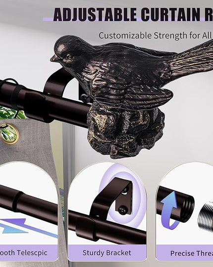 Curtain Rod 36 to 168 Inches Vintage Oil Bronze Curtain Rods for Windows Adjustable Drapery Rod with Bird Finials Heavy Duty Window Brown Curtains Rods for Living Room Bedroom