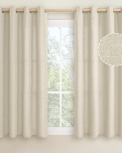 LAMIT Natural Linen Curtains for Bedroom 45 inch Length 2 Panels, Linen Textured Thermal Insulated Curtains Grommet Privacy Burlap Neutral Drapes for Living Room/Farmhouse, W52 x L45, Natural Beige