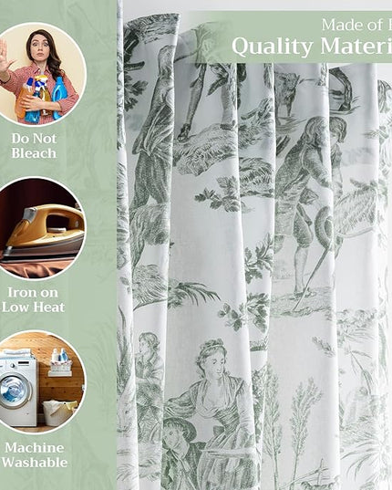 Maison d' Hermine Curtains for Living Room 100% Cotton 96 inch Length One Panel Light Filtering Toile Curtains with Rod and Loop Pockets (The Miller Antique Green (White Background), 50" W x 96" L)