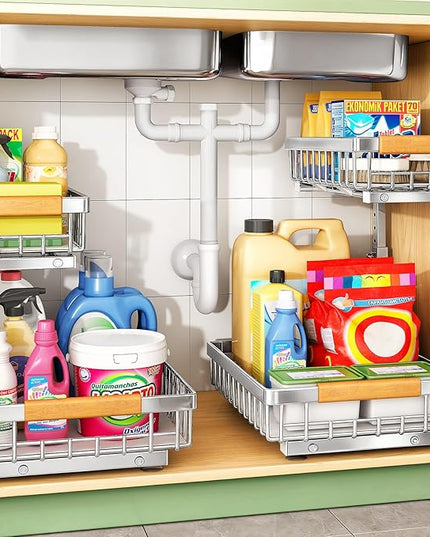 Under Sink Organizer, Stainless Steel 2 Packs 2 Tier Under Sink Organizers and Storage, Slide out Pull out Cabinet Shelf, Sliding Drawer for Kitchen Bathroom Pantry Cabinet Closet Organization Rack