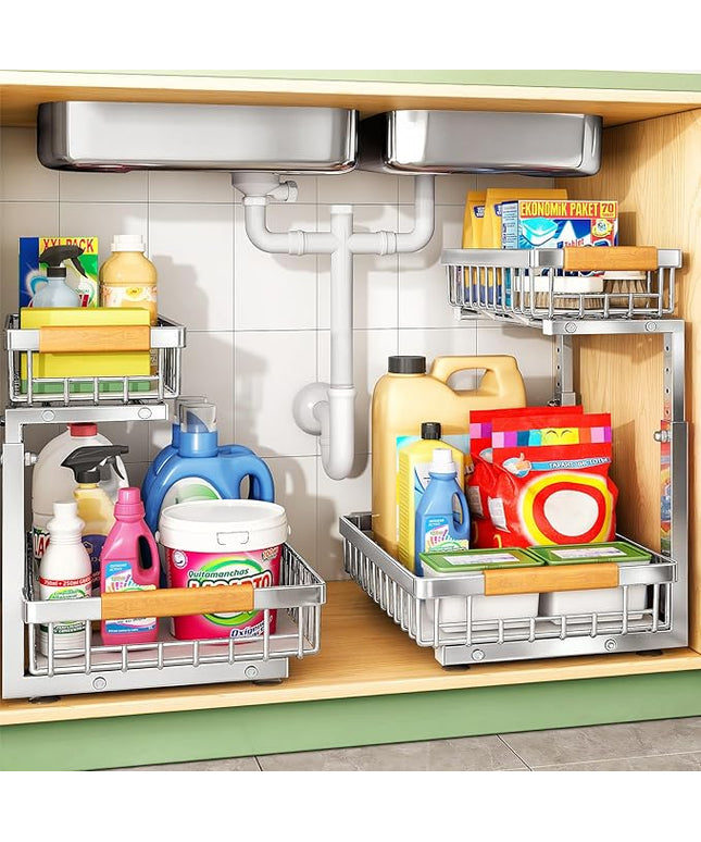 Under Sink Organizer, Stainless Steel 1-Pack 2 Tier Under Sink Organizers and Storage, Slide out Pull out Cabinet Shelf, Sliding Drawer for Kitchen Bathroom Pantry Cabinet Closet Organization Rack