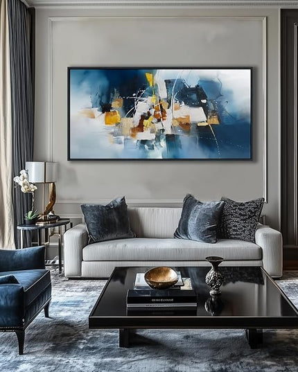 Abstract Canvas Wall Art Navy Blue Wall Art for Living Room Framed Modern Artwork for Walls, Above Bed Wall Decor Navy and Gold for Bedroom and Living Room Office Pictures Wall Decor 24×48IN