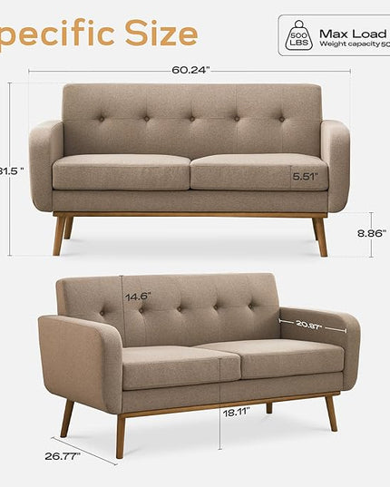 HUIMO Sofa Couch, Mid Century Modern Sofa with Solid Wood Frame, Button Tufted Couch for Bedroom, Living Room, Office, Apartment (Brown, 60 inch)