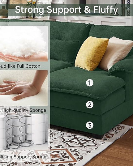 110" Convertible Sectional Sofa, U Shape Cloud Couch, Comfy Couches with Double Chaise and Sleepable Armrests, 4 Seats Sectional Couches for Living Room, Green