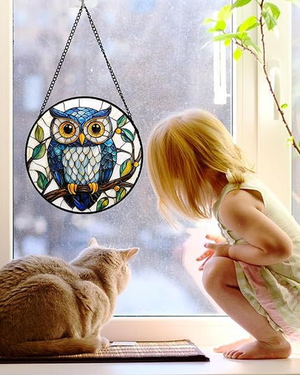 Stained Glass Window Hanging, Owl Gifts for Women Sun Catchers Diamond Glass Panel Hangings Birds Suncatcher Decor for Birthday for Women, Men, Wife, Aunt,and Mom 7.8X7.8IN