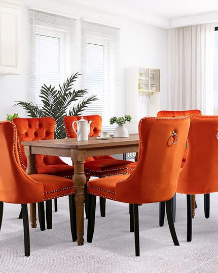 SoarFlash Velvet Dining Chair Set of 8, Upholstered Tufted Dining Room Chair with Nailhead Trim and Solid Wood Leg for Kitchen (Orange)