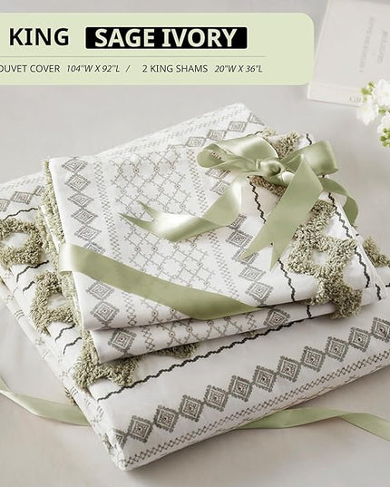 Ink+Ivy King Duvet Cover Set Boho Chenille Tufted Cotton Duvet Cover for King Size Bed, All Season King Size Bedding Cover, Matching Shams, Imani, King/Cal King Sage Green/Ivory 3 Piece