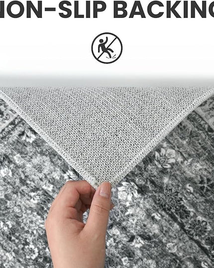 2x6 Runner Washable Rug for Hallways, Moss Charcoal Soft Neutral Vintage Kitchen Rugs with Non-Slip, Non-Shedding Distressed Floral Rug for Entryway Porch Kitchen Bedroom Laundry