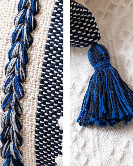 BlissBlush Navy Dark Blue Decorative Throw Pillow Cover 18x18 Square Boho Accent Pillowcase Tassels Farmhouse Cushion for Couch Sofa Bedroom Living Room Home Décor Cover ONLY