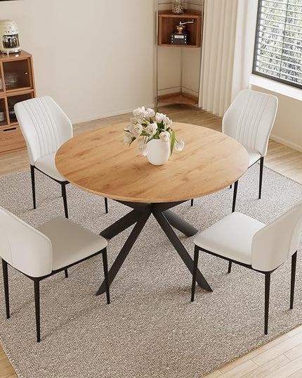43.2"-59.1" Extendable Round Dining Table Set, Round Table for 4-6 Person with Scratch-Resistant Thickened MDF Board, Oak Coffee Table w/Metal Legs