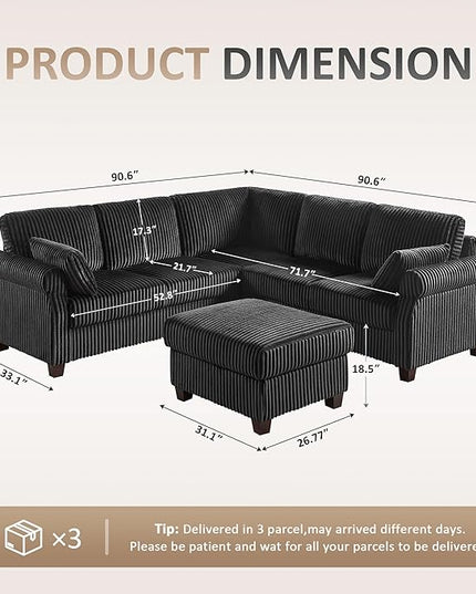 Modular Sectional Sofa Couch, L-Shape Corduroy Couches 4 Seat with Storage Ottoman, Modern Corner Sofa Memory Foam Sectional Cloud Couches for Living Room, Bedroom, Apartment, Office (Black)