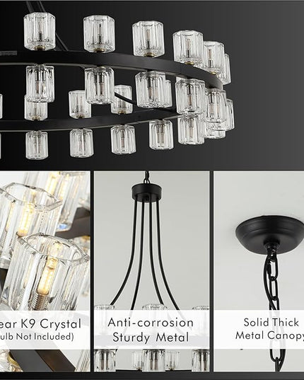 48" Wagon Wheel Chandelier Black Wagon Wheel Chandelier with Crystal Shade, 48 Lights, Modern Farmhouse Style, Ideal for Dining Room, Kitchen, Entryways