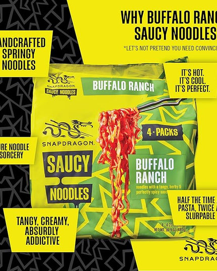 Snapdragon Saucy Instant Noodles with Spicy Buffalo Ranch Slurpable Sauce - Quick Meal, Snack, and Lunch. 4-Pack Microwave Noodles for Cup, Bowl, Ramen or Asian Stir Fry