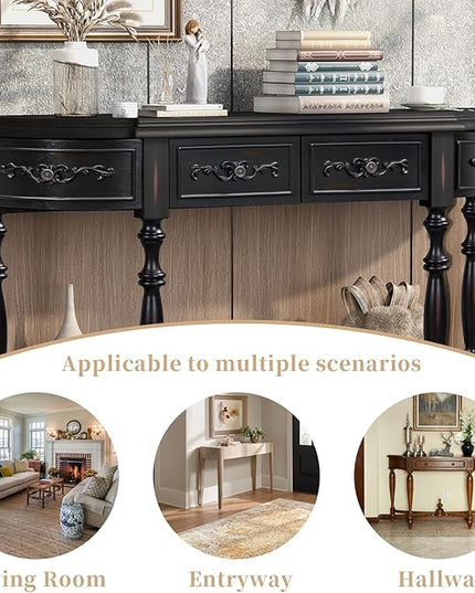 HMFULE Retro Curved Console Table, 52" Solid Wood Half Moon Console Table Sofa Table with 4 Drawers 1 Open Shelf for Living Room,Entryway,Hallway,Black