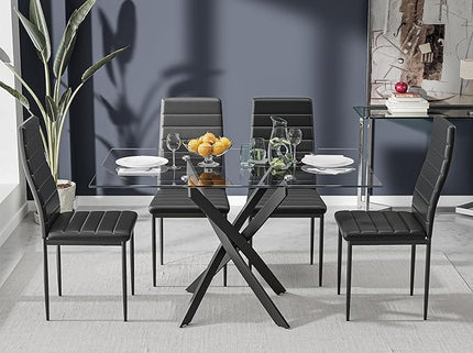 5 Piece Dining Table Table Set, Tempered Glass Dining Table Set for 4 Kitchen Table Set with 4 Upholstered High-Back Chairs for Kitchen Dining Room (Black Table with Black Chair)