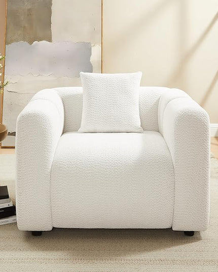 VANOMi 42" Width Accent Chair for Living Room, Modern Lounge Chair with Pillow, Comfy Upholstered Boucle Single Sofa Chair for Living Room (White)