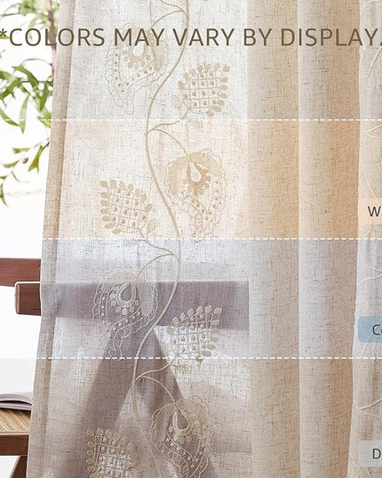 jinchan Linen Paisley Curtains 84 Inch Long for Bedroom Living Room, Embroidered French Country Farmhouse Drapes Back Tab, Light Filtering Cottagecore Boho Window Curtains, Ivory on Ecru, 2 Panels