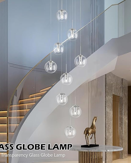 KoKo&Yukina 9-Light Globe Glass Pendant Light Adjustable Length Pendant Lights Fixtures Modern Nickel Clear Globe Glass Chandelier High Ceiling Lights Fixtures for Staircase (Bulb & Remote Incl.)