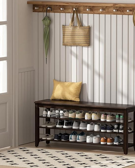 Shoe Bench Storage Rubberwood with Leather Cushion for Entryway Bench Ideal for Hallways Shoe Rack Front Doors Entrances Mudrooms Featuring 3 Height-Adjustable and Removable Shelves