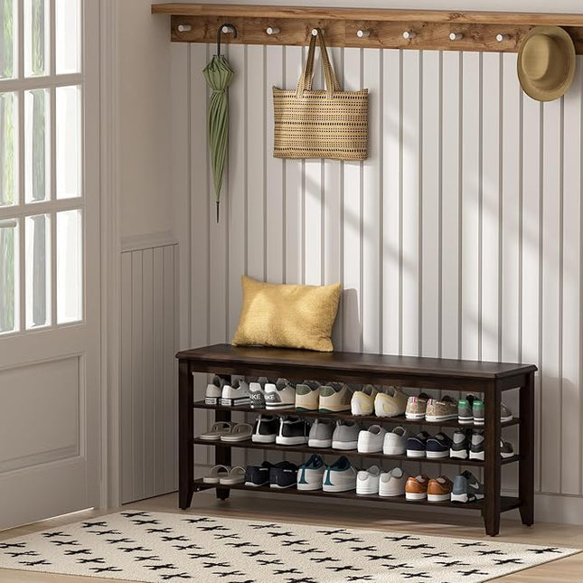 Shoe Bench Storage Rubberwood with Leather Cushion for Entryway Bench Ideal for Hallways Shoe Rack Front Doors Entrances Mudrooms Featuring 3 Height-Adjustable and Removable Shelves
