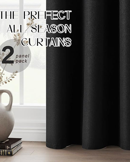 126 Inches Long Total Blackout Extra Long Linen Look Curtains, Ceiling to Floor Full Shade Noise Reducing Curtain Panels for Light Sleepers 10.5 Ft Length, Black, W52 x L126, 2 Panels