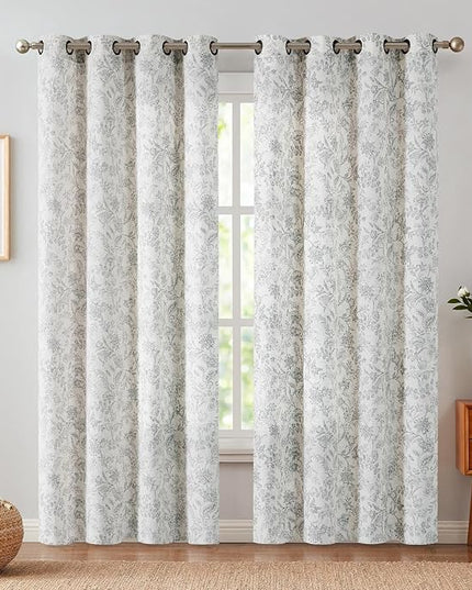 Lazzzy Grey Floral Linen Farmhouse Curtains for Living Room 84 Inch Length Window Curtains Semi Sheer Drapes for Bedroom Country Light Filtering Curtain Grommet Top 2 Panels Grey on Beige
