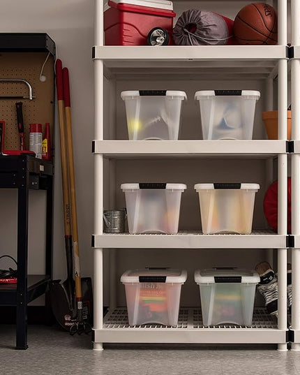 IRIS USA 19 Qt Stackable Plastic Storage Bins with Lids, 6 Pack - BPA-Free, Made in USA - Discreet Organizing Solution, Latches, Durable Nestable Containers, Secure Pull Handle - Pearl