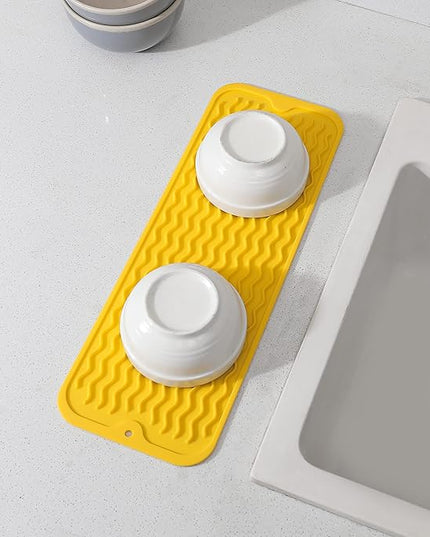 Silicone Dish Drying Mat for Multiple Usage,Easy clean,Eco-friendly,Heat-resistant Silicone Mat for Kitchen Counter,Sink,Bar,Bottle,or Cup Yellow M 17 inches x 6 inches