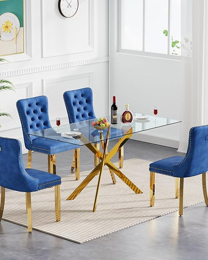 Henf 5 Piece Dining Table Set for 4, 51in Glass Dining Table Set with 4 Upholstered Dining Chairs, Blue Tufted Chair & Dining Room Table Set w/Metal Legs, Gold Glass Kitchen Table and Chair Set for 4