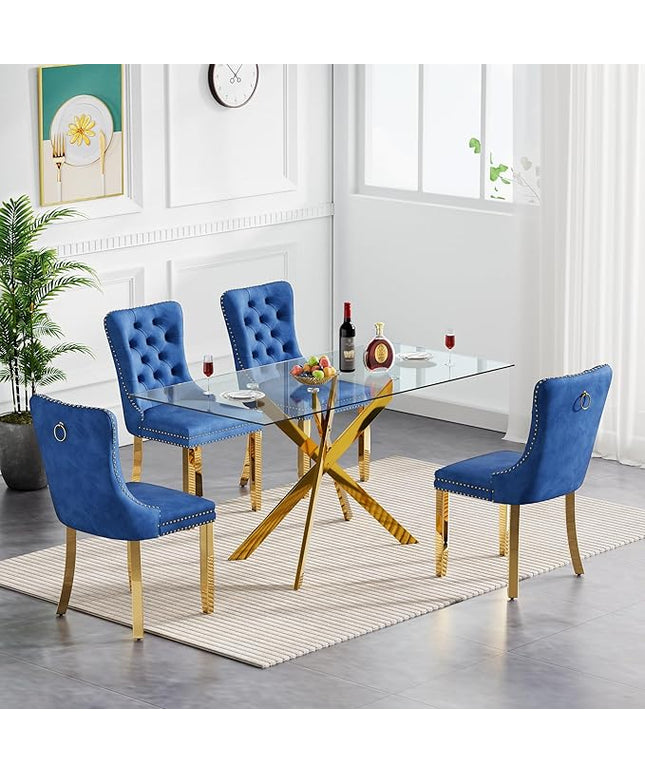 Henf 5 Piece Dining Table Set for 4, 51in Glass Dining Table Set with 4 Upholstered Dining Chairs, Blue Tufted Chair & Dining Room Table Set w/Metal Legs, Gold Glass Kitchen Table and Chair Set for 4