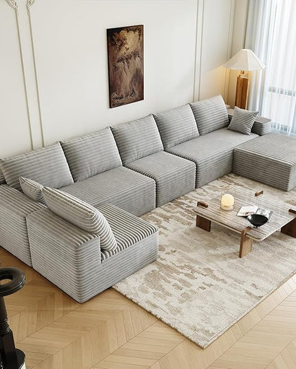 139.4" Modular Sectional Sofa, Oversized U-Shaped Minimalist Couches with 2 Middle Seats and 1 Ottoman Chaise, Modern Deep Seat Convertible Sleeper Sofa, Cloud Plush Corduroy Fabric,7 Seater, Grey