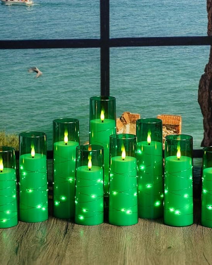 Flickering Flameless LED Candles,Battery Operated Candles 9 Pcs with Embedded Star String,Acrylic LED Pillar Candles with Remote,Suitable for Home Decoration to Create an Atmosphere (Green)