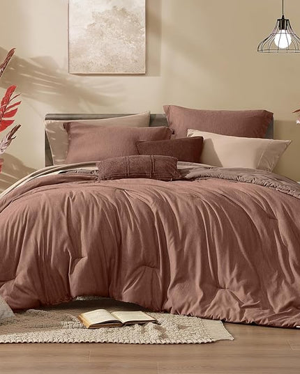 Monbix California King Comforter Set - 7 Pieces Cationic Dyeing Terracotta Bed in a Bag Cal King Bed Sets with Comforter, Sheets, Pillowcases & Shams, Reversible Bedding Comforters Sets (108 * 92)