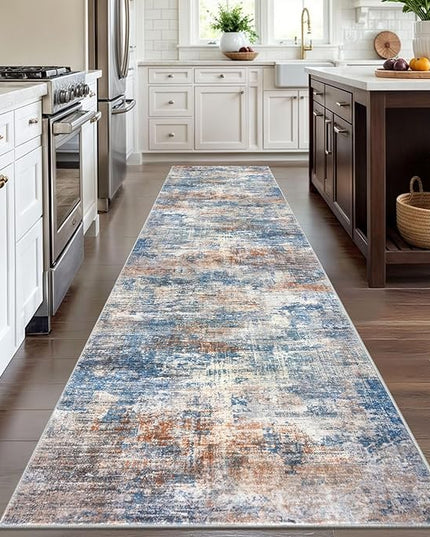 IOHOUZE Abstract Runner Rug 3x12 Ft Washable Runners for Hallways, Non Slip Kitchen Runner Printed Faux Wool Entryway Runner Indoor, Modern Abstract Floor Carpet for Hall Kitchen, Blue Rust