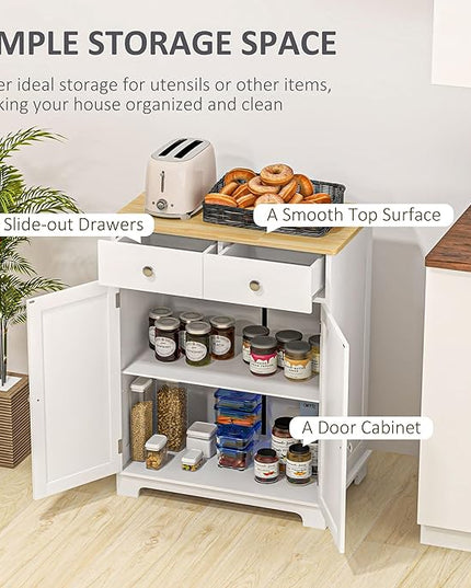 HOMCOM Sideboard with Solid Wood Countertop, Modern Kitchen Storage Cabinet, Coffee Bar Cabinet with 2 Drawers, Doors and Adjustable Shelf, Distressed White