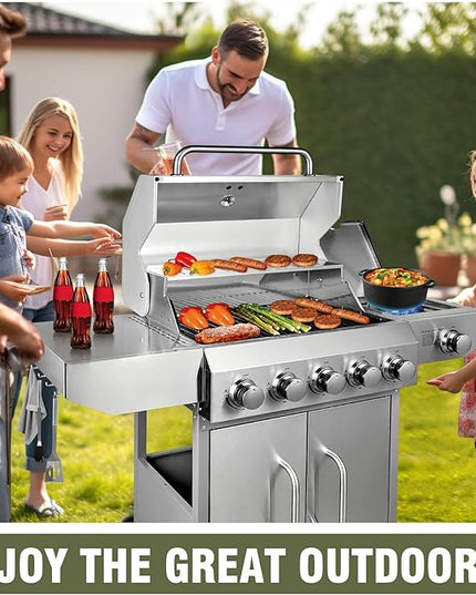 BESTFIRE 68,000 BTU 5+1 Burner Propane Grill - Stainless Steel BBQ with 647 sq in UPGRADED OIL-DRAIN Plates, Cast Iron Grates, Side Burner + FREE Food Clip for Outdoor Cooking