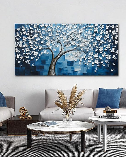 SSNEEKNDG Blue Tree of Life Wall Art for Bedroom White Flower Tree Large Artwork for Living Room Office Kitchen Modern Aesthetic Pictures Canvas Prints 29"x58"