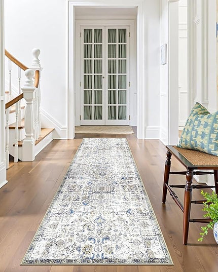 jinchan Kalen Runner Rug 2x10 Washable Hallway Rug Vintage Runner Indoor Floor Cover Thin Retro Distressed Floral Country Non Slip Carpet for Entryway Bathroom Bedroom Living Room Stairway Blue