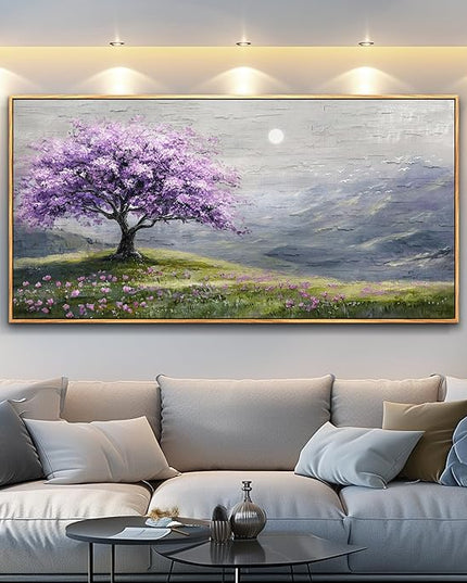 FUHAIHUA Large Wood Framed Wall Decor For Living Room Canvas Wall Art For Office Modern Wall Decorations For Bedroom Purple Tree Painting Farmhouse Pictures Artwork Room Home Decor 24x48 In