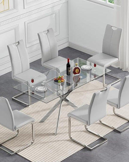 HomVent 7 Pieces Rectangular Glass Dining Table Set, Glass Kitchen Table Set for 6 Dinner Table Set with 6 PU Dining Chairs for Kitchen Dining Room