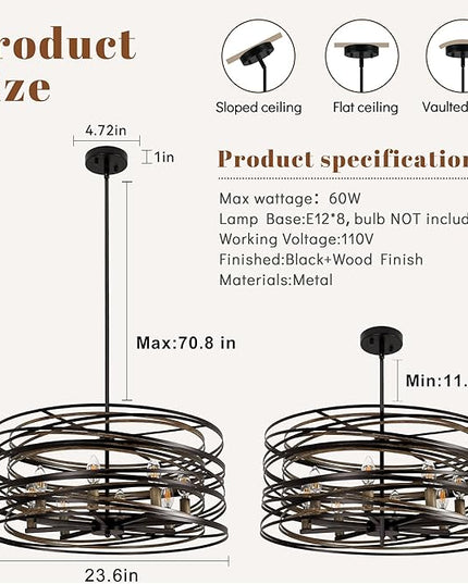 Black Farmhouse Chandelier,23.6" Drum Chandelier Farmhouse Chandeliers for Dining Room Wood Grain Metal Large Dining Room Light Fixture Pendant Light Fixtures for Kitchen Living Room Bedroom Entryway