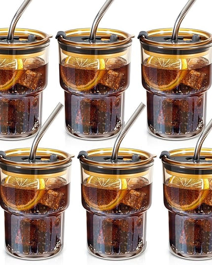6 Packs Glass Tumbler with Lid and Straw Ice Coffee Cup Bridesmaids Proposal Gifts for Wedding Day Sets Thank You Stuffers Box Fillers Party Accessories Essentials Guest Favors Bulk
