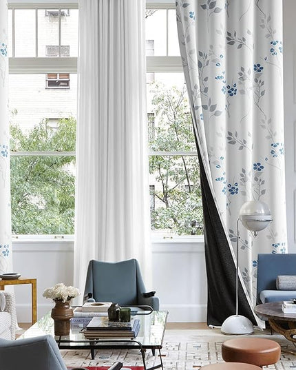 Beauoop Floral 100% Blackout Curtains 63 Inch Length 2 Panels for Bedroom Living Room Blue Grey and White Flower Patterned Room Darkening Thermal Soundproof Grommet Window Treatments Drapes, 52X63