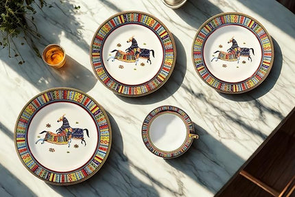 Porcelain Dinnerware Set for 4-20 Piece Luxury Greek Horse Cheval Banquet Dinner Set - Elegant Design - Plates and Cups with Saucers - Dining Set for Everyday Use or Formal Occasions