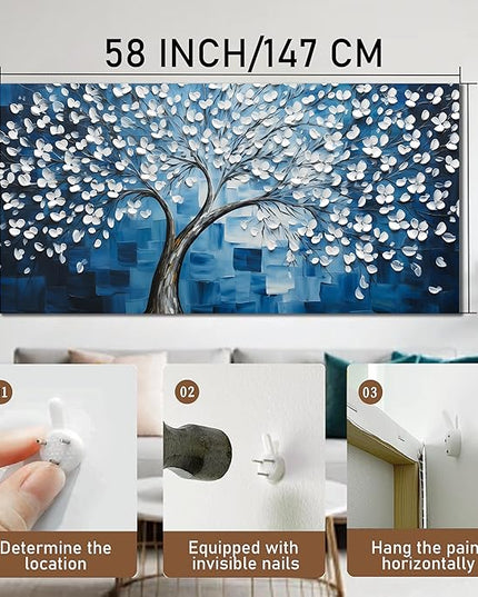 SSNEEKNDG Blue Tree of Life Wall Art for Bedroom White Flower Tree Large Artwork for Living Room Office Kitchen Modern Aesthetic Pictures Canvas Prints 29"x58"
