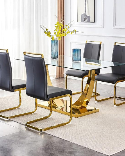 63” Glass Dining Table Set for 4,Gold Dining Room Table Set for 4,Modern Kitchen Table and PU Leather Chairs for 4, Rectangle Tempered Glass Top and Golden Base