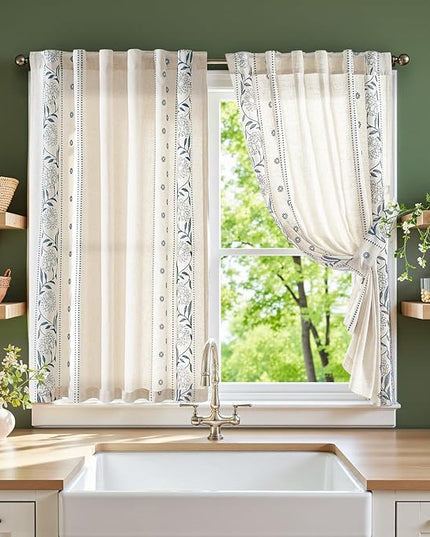 jinchan Winslow Linen Curtains 45 Inch Length Small Window Curtains Embroidered Bordered Floral Drapes Light Filtering for Bathroom Laundry Room Kitchen Farmhouse Decor Blue on Beige 2 Panels